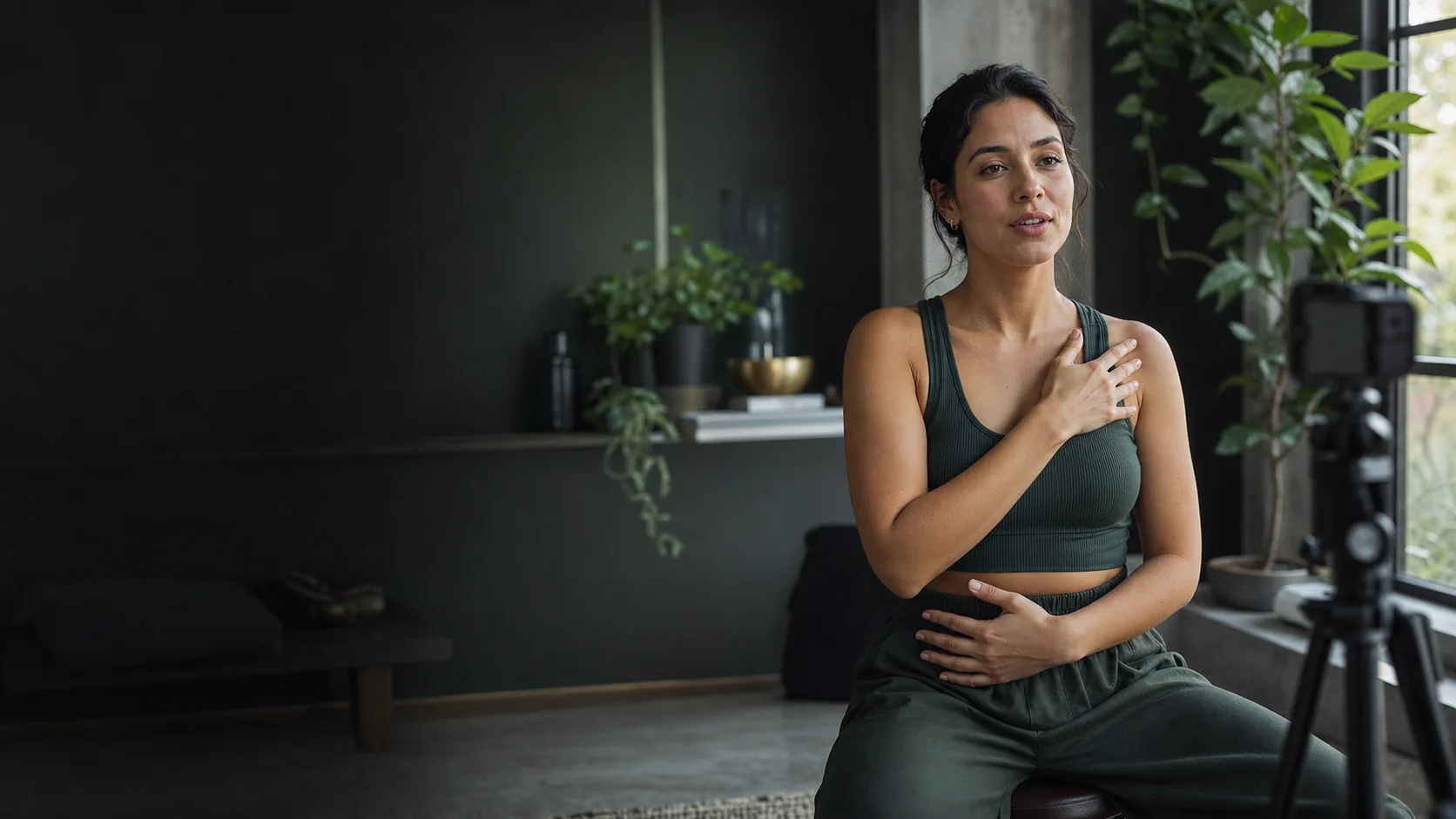 International wellness creator filming an educational self-care lesson